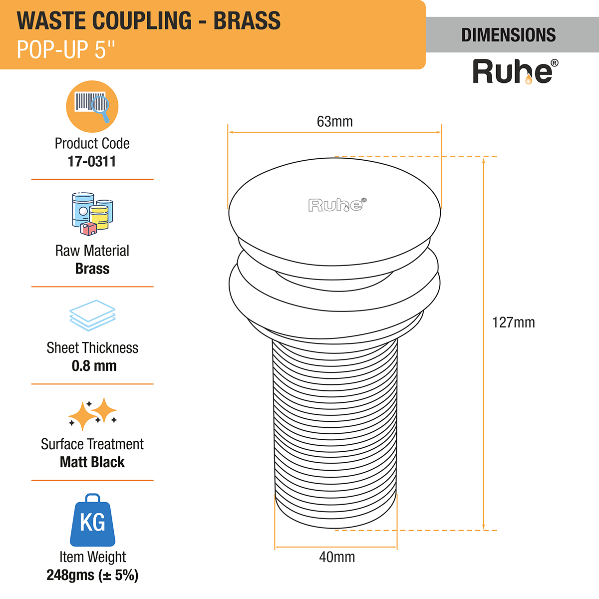 Pop-up Waste Coupling in Matte Black PVD Coating (5 Inches) dimensions and sizes