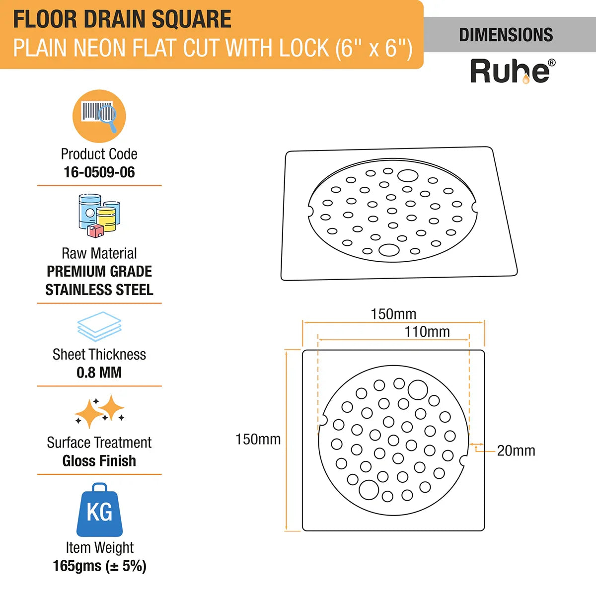 Plain Neon Square Flat Cut Floor Drain (6 x 6 inches) with Lock dimensions and size