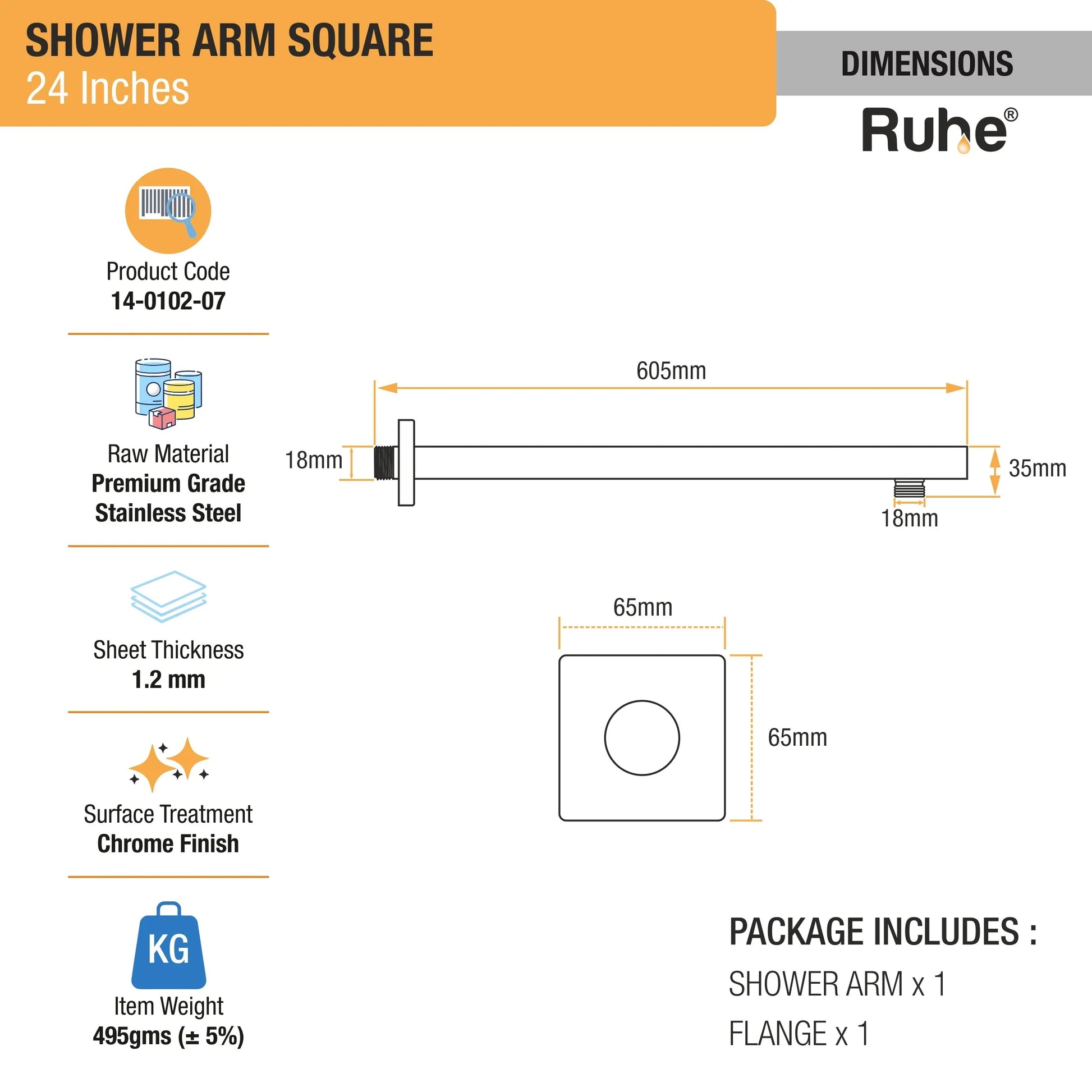 Square Shower Arm (24 Inches) with Flange dimensions and size