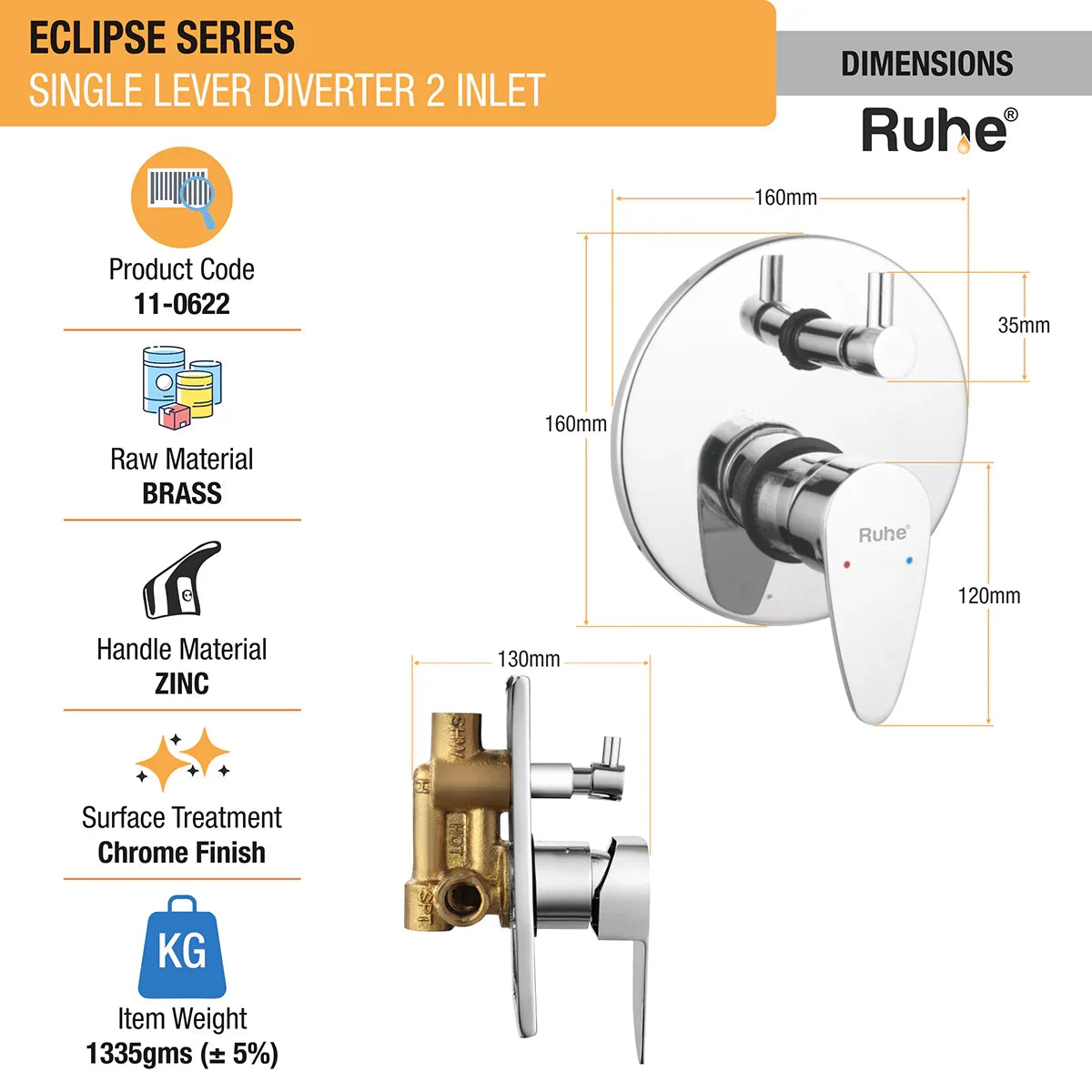 Eclipse Single Lever 2-inlet Diverter (Complete Set) - by Ruhe