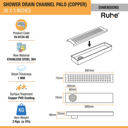 Palo Shower Drain Channel (36 x 3 Inches) Antique Copper PVD Coated - by Ruhe