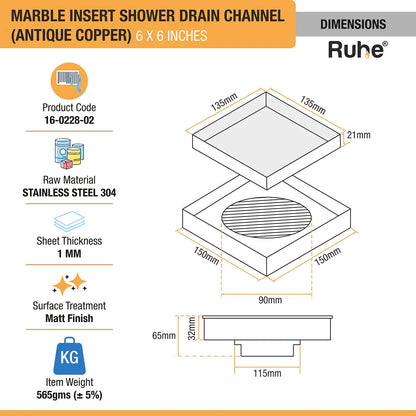 Marble Insert Shower Drain Channel (6 x 6 Inches) Antique Copper PVD Coated - by Ruhe