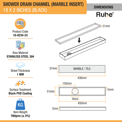 Marble-Insert Shower Drain Channel Coloured (2 Inches)