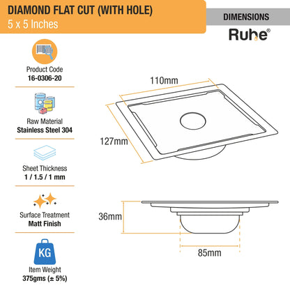Diamond Floor Drain Square Flat Cut (5 x 5 Inches) with Hole and Cockroach Trap (304 Grade) dimensions and size