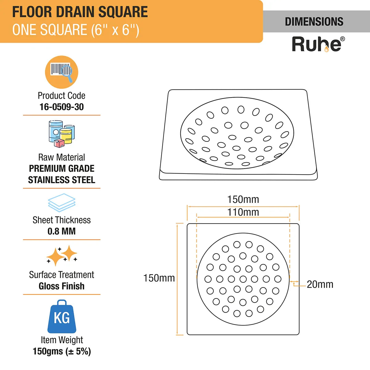 One Square with Collar Floor Drain (6 x 6 inches) dimensions and size