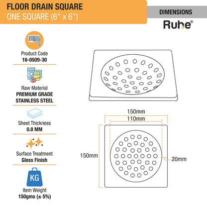 One Square with Collar Floor Drain (6 x 6 inches) dimensions and size