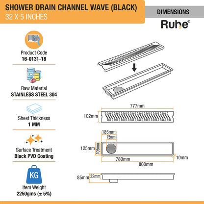 Wave Shower Drain Channel (32 x 5 Inches) Black PVD Coated dimensions and sizes