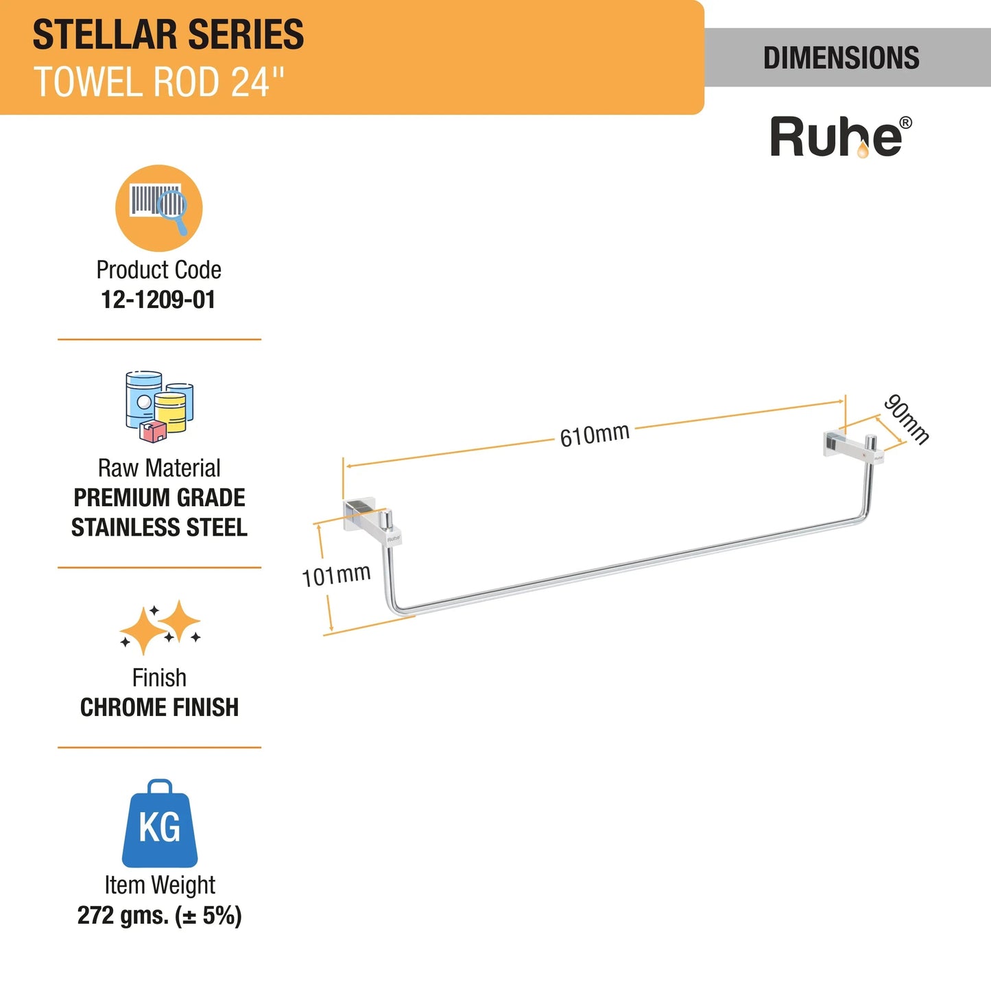 Stellar Stainless Steel Towel Rod (24 Inches) dimensions and size