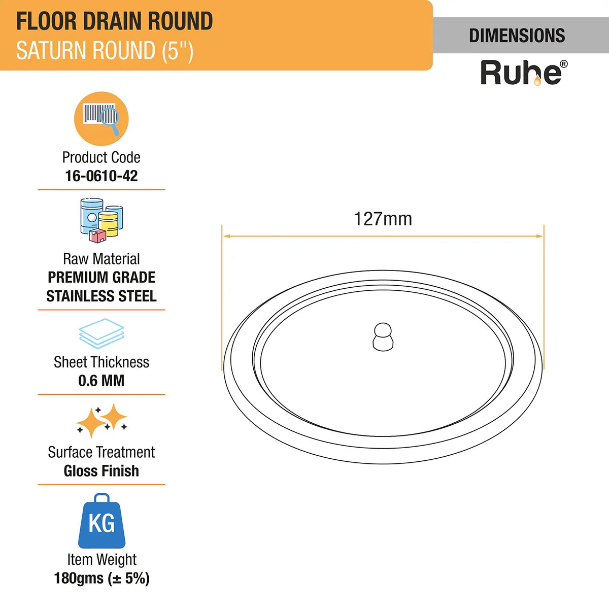 Saturn Round Floor Drain (5 Inches) with Lid - by Ruhe