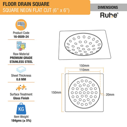 Square Neon Floor Drain Flat Cut (6 x 6 inches) dimensions and size