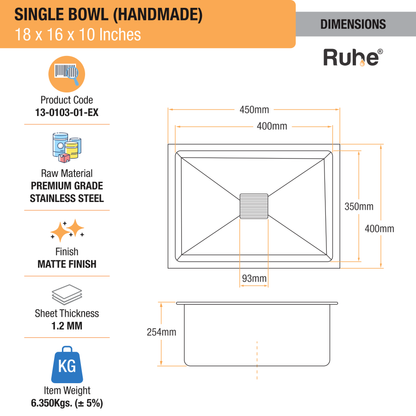 Handmade Single Bowl Kitchen Sink (18 x 16 x 10 Inches) (Dimensions)