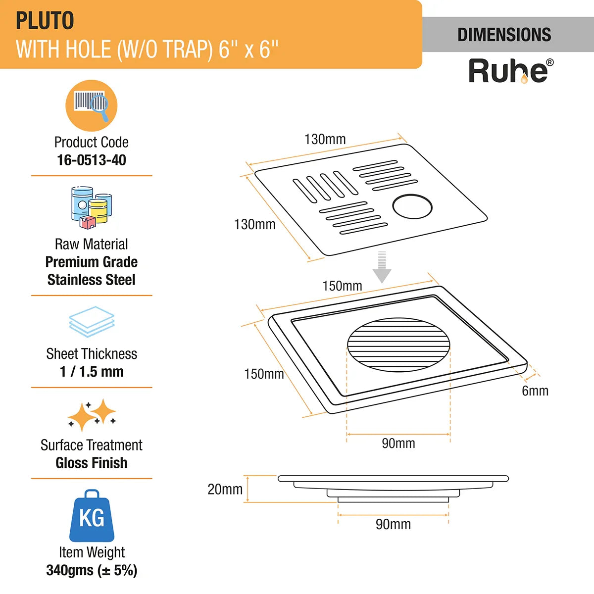 Pluto Square Premium Floor Drain (6 x 6 Inches) with Hole - by Ruhe