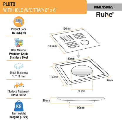 Pluto Square Premium Floor Drain (6 x 6 Inches) with Hole - by Ruhe
