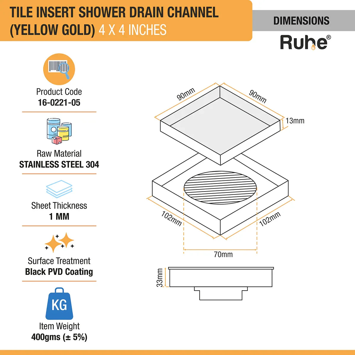 Tile-Insert Shower Drain Channel (4 x 4 Inches)