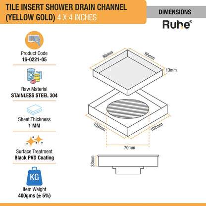 Tile-Insert Shower Drain Channel (4 x 4 Inches)