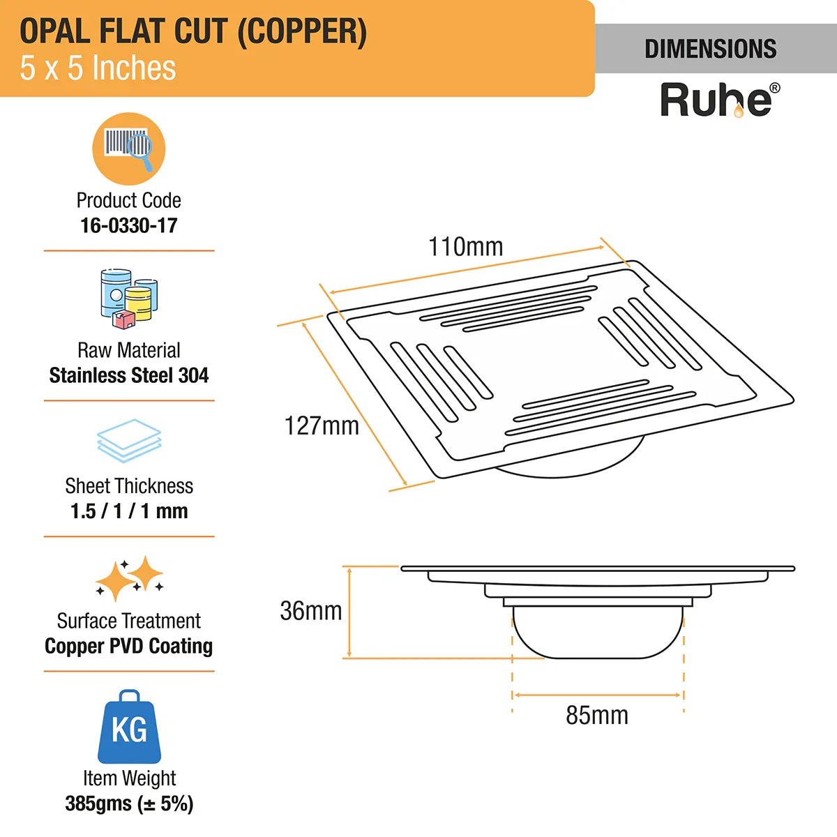 Opal Square Flat Cut Floor Drain in Antique Copper PVD Coating (5 x 5 Inches) dimensions and size
