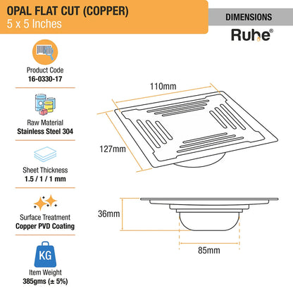 Opal Square Flat Cut Floor Drain in Antique Copper PVD Coating (5 x 5 Inches) dimensions and size