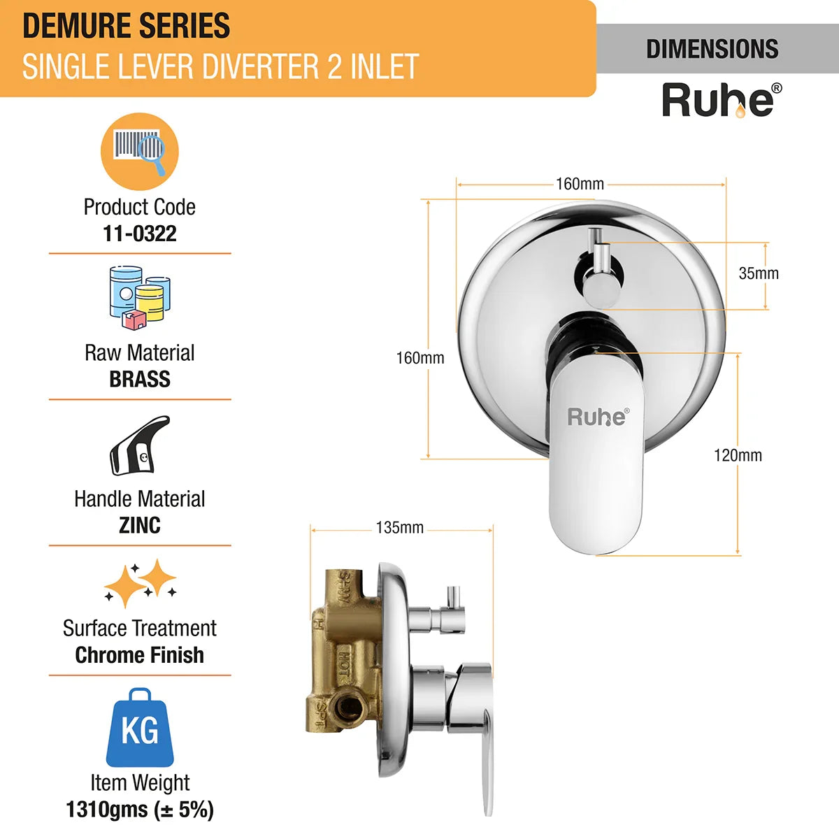 Demure Single Lever 2-inlet Diverter (Complete Set) - by Ruhe