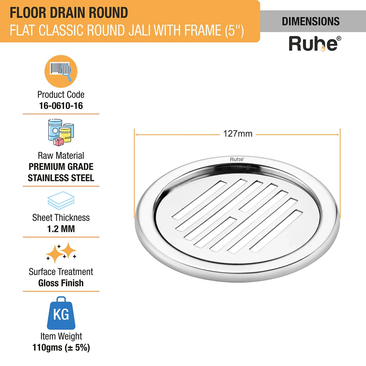 Flat Classic Round Jali Floor Drain (5 inches) with Frame (Pack of 2) - by Ruhe