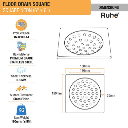 Neon Square Floor Drain (6 x 6 Inches) dimensions and size