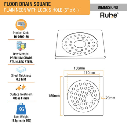 Plain Neon with Collar Square Floor Drain (6 x 6 inches) with Lock and Hole dimensions and size