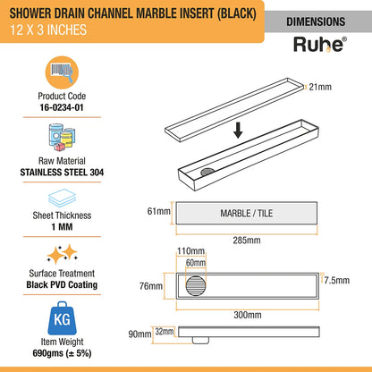 Marble-Insert Shower Drain Channel (3 Inches)