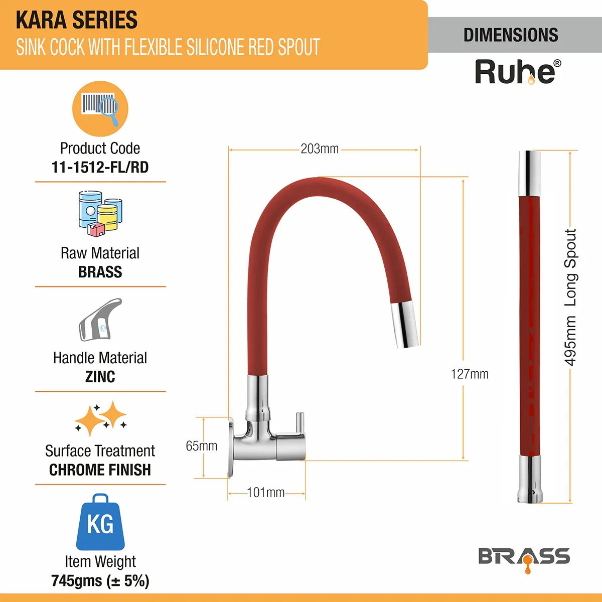 Kara Brass Sink Tap with Silicone Red Flexible Spout dimensions and sizes
