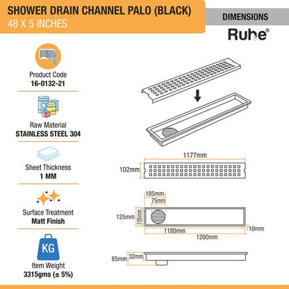 Palo Shower Drain Channel (48 x 5 Inches) Black PVD Coated dimensions and sizes
