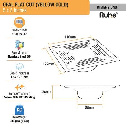Opal Square Flat Cut Floor Drain in Yellow Gold PVD Coating (5 x 5 Inches) dimensions and sizes