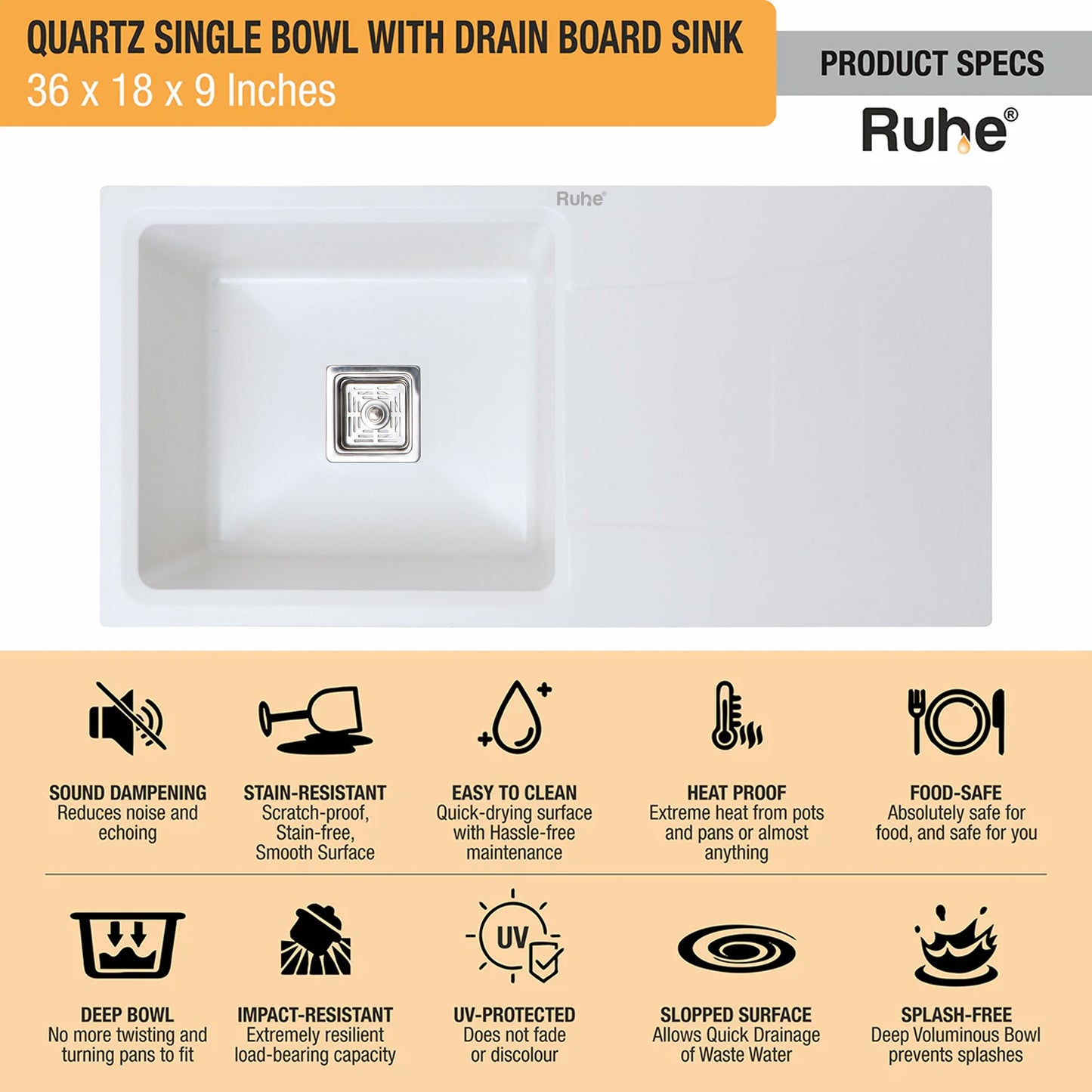 Quartz Single Bowl with Drainboard Kitchen Sink (36 x 18 x 9 Inches)