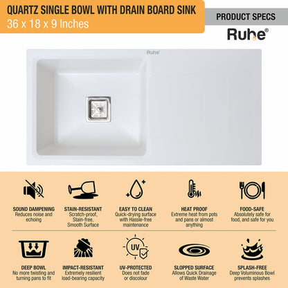 Quartz Single Bowl with Drainboard Kitchen Sink (36 x 18 x 9 Inches)