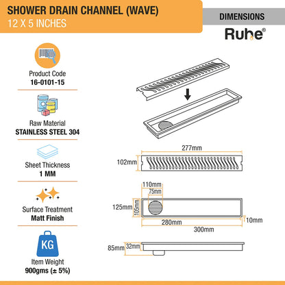 Wave Shower Drain Channel (12 X 5 Inches) with Cockroach Trap (304 Grade) dimensions and size