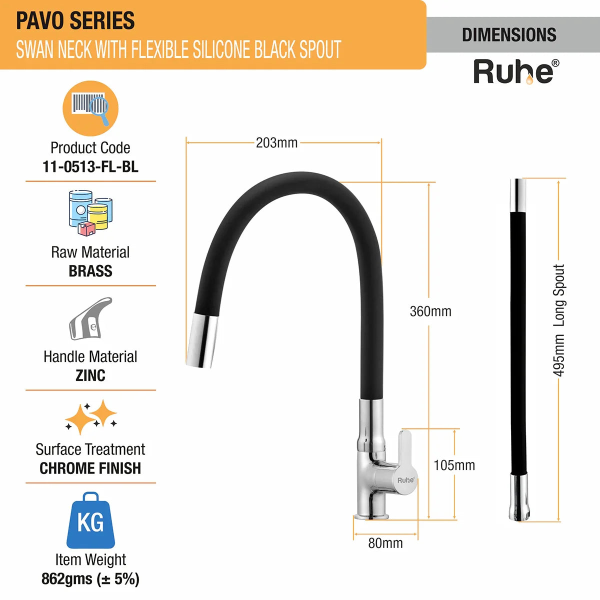 Pavo Deck Mount Kitchen Sink Tap with Coloured Flexible Silicone Spout