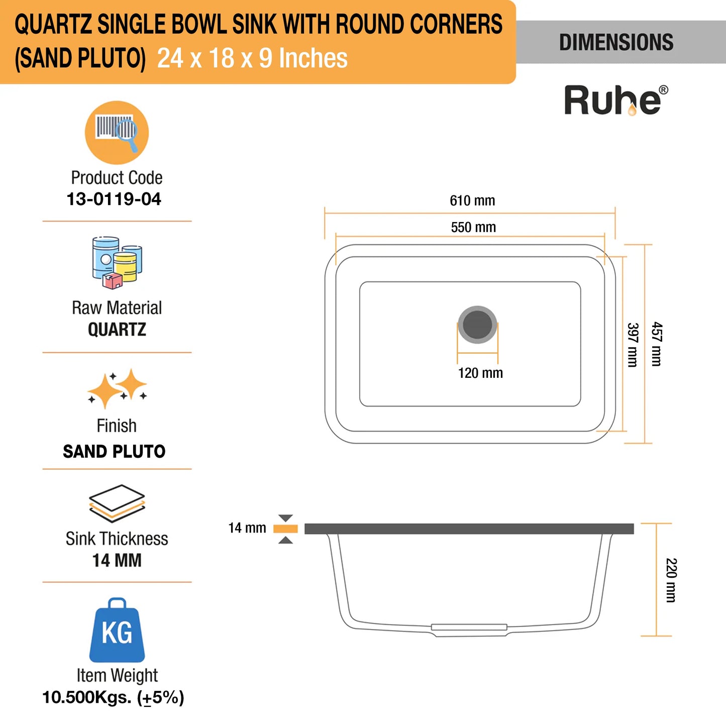 Quartz Single Bowl Round Kitchen Sink (24 x 18 x 9 Inches)