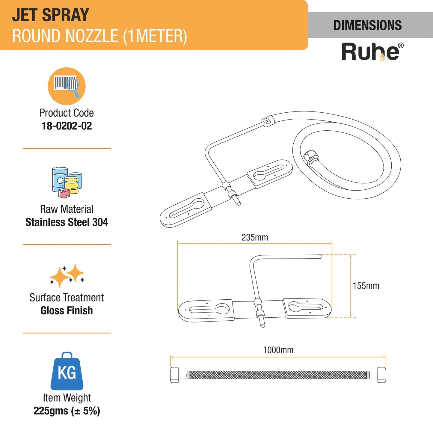 Jet Spray Round Nozzle (1 Meter) (304 Grade) dimensions and size