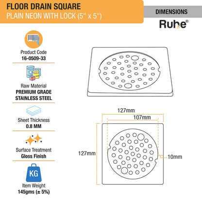 Plain Neon with Collar Square Floor Drain (5 x 5 inches) with Lock dimensions and size
