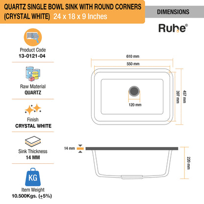 Quartz Single Bowl Round Kitchen Sink (24 x 18 x 9 Inches)
