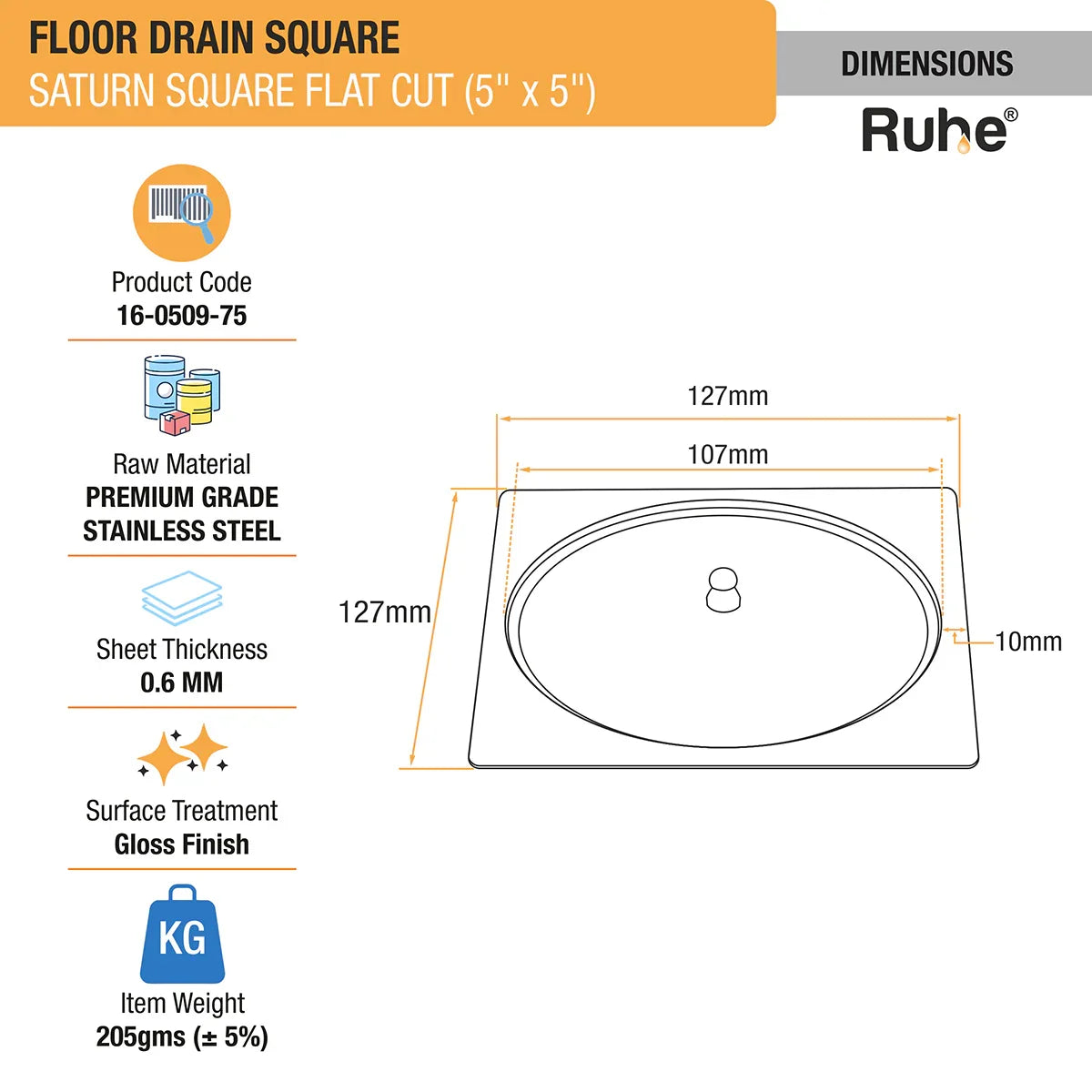 Saturn Square Flat Cut Floor Drain (5 x 5 Inches) with Lid dimensions and size