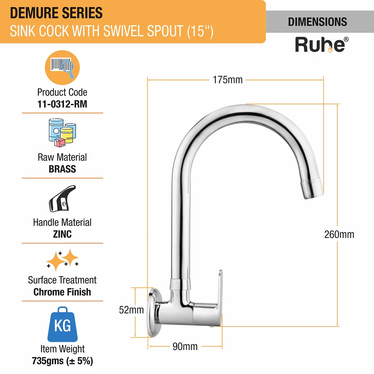 Demure Wall Mount Kitchen Sink Tap with Swivel Spout