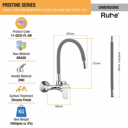 Pristine Single Lever Wall-mount Kitchen Sink Mixer Tap with Coloured Silicone Spout