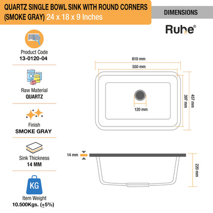 Quartz Single Bowl Round Kitchen Sink (24 x 18 x 9 Inches)