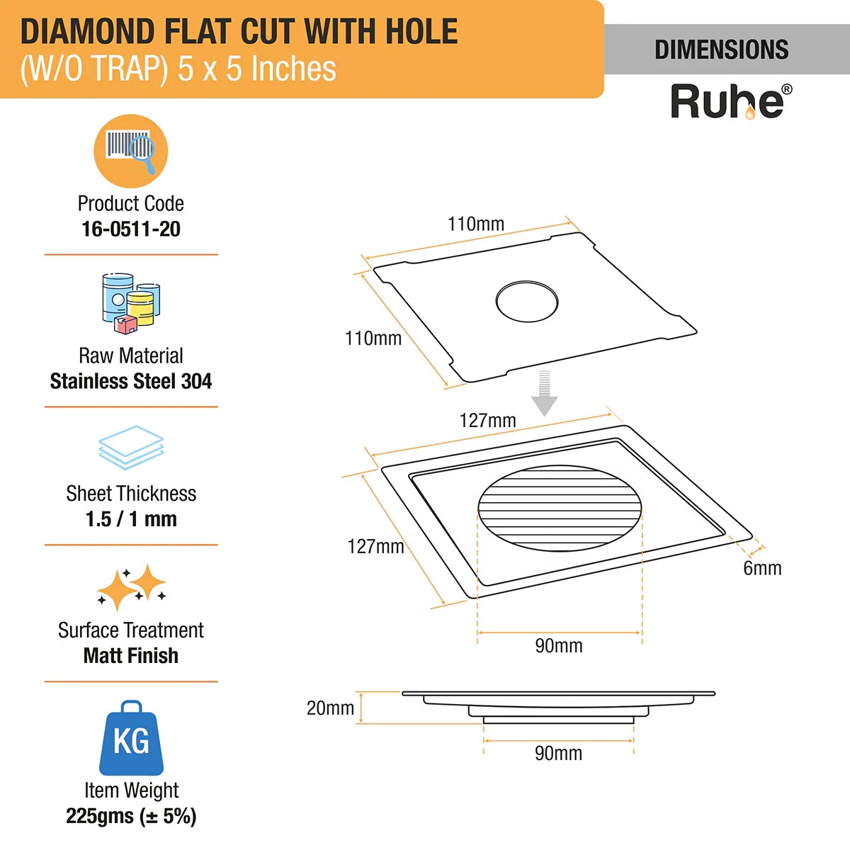 Diamond Square Flat Cut 304-Grade Floor Drain with Hole (5 x 5 Inches) dimensions and sizes