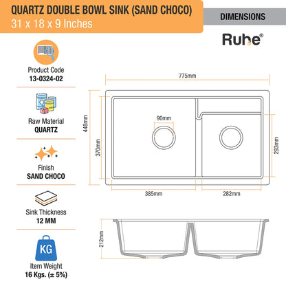 Quartz Double Bowl Kitchen Sink (31 x 18 x 9 Inches)