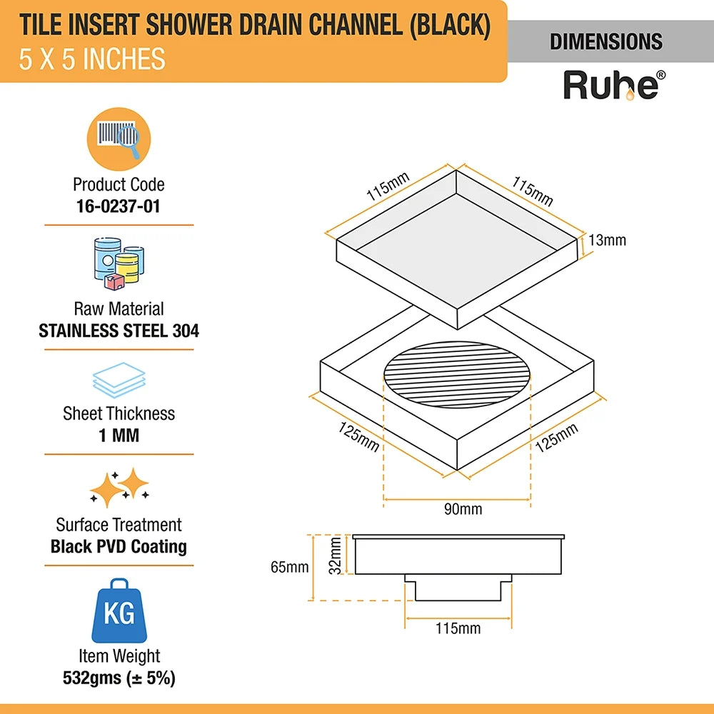 Tile-Insert Shower Drain Channel (5 x 5 Inches)