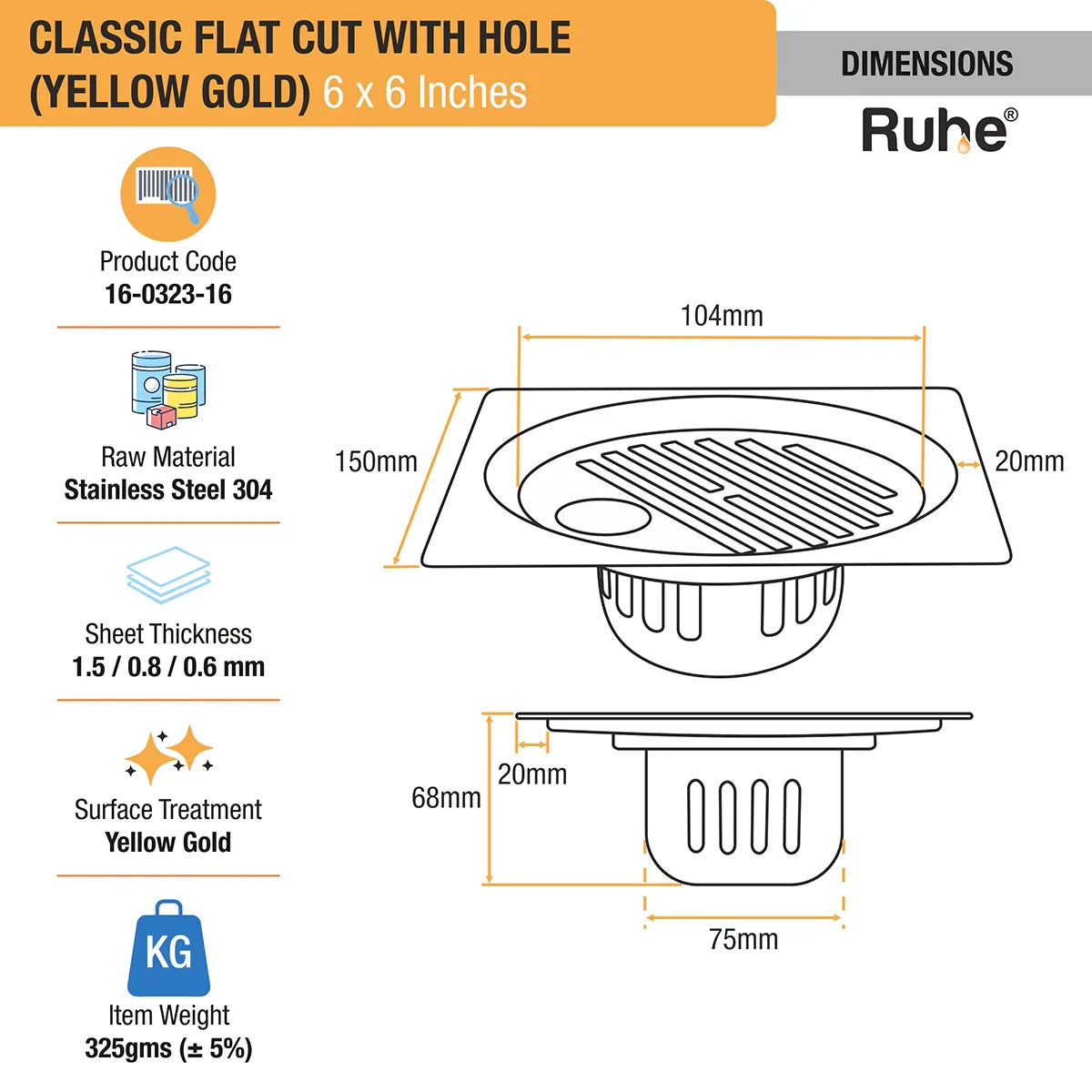 Classic Square Flat Cut Floor Drain in Yellow Gold PVD Coating (6 x 6 Inches) with Hole dimensions and sizes