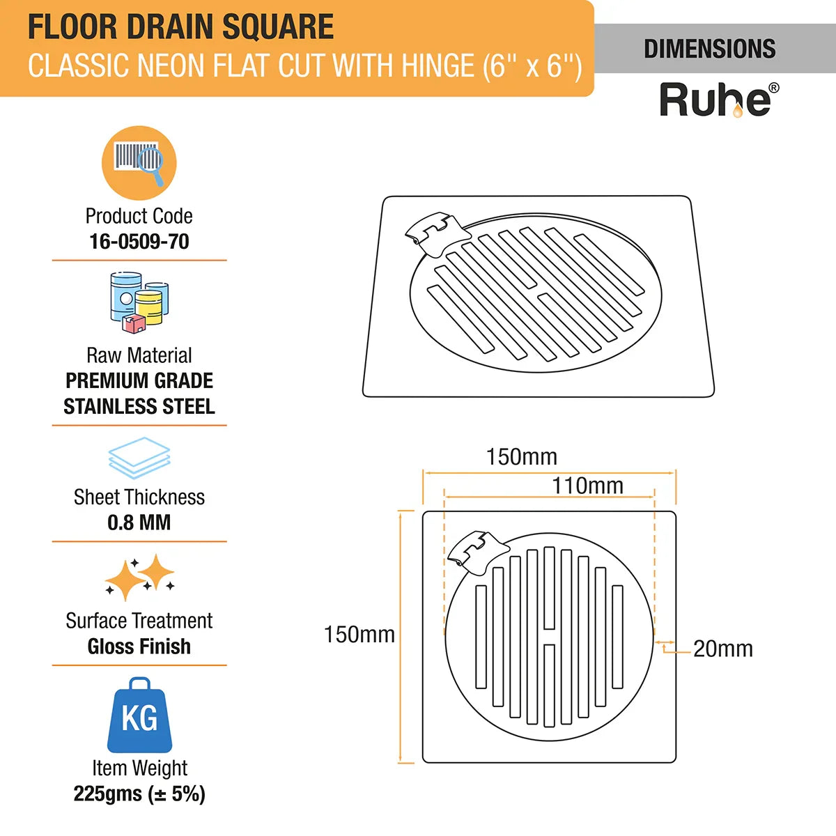 Classic Neon Flat Cut Floor Drain with Hinge