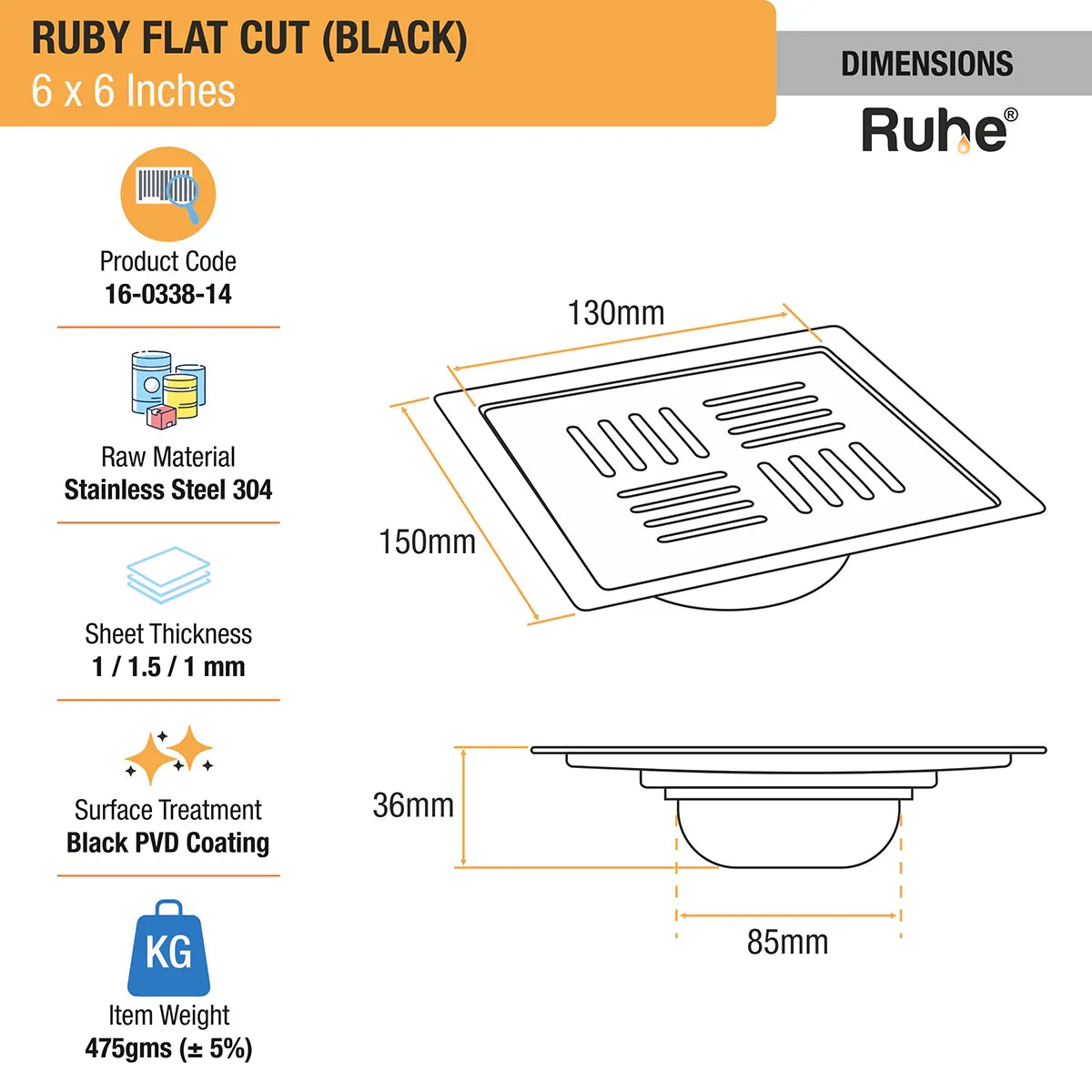 Ruby Square Flat Cut Floor Drain