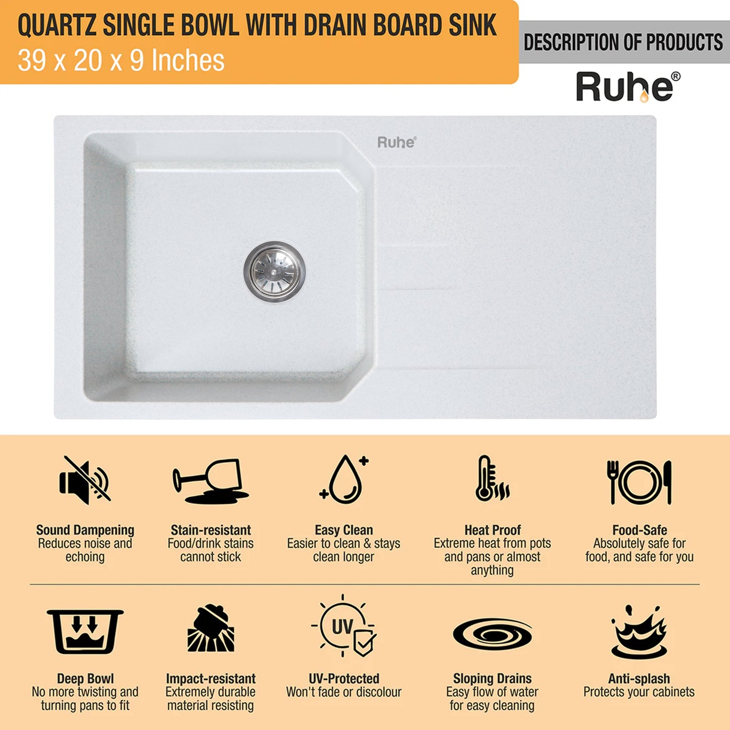 Quartz Single Bowl with Drainboard Kitchen Sink (39 x 20 x 9 Inches)