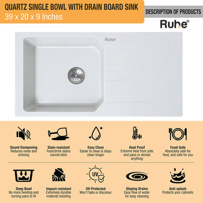 Quartz Single Bowl with Drainboard Kitchen Sink (39 x 20 x 9 Inches)