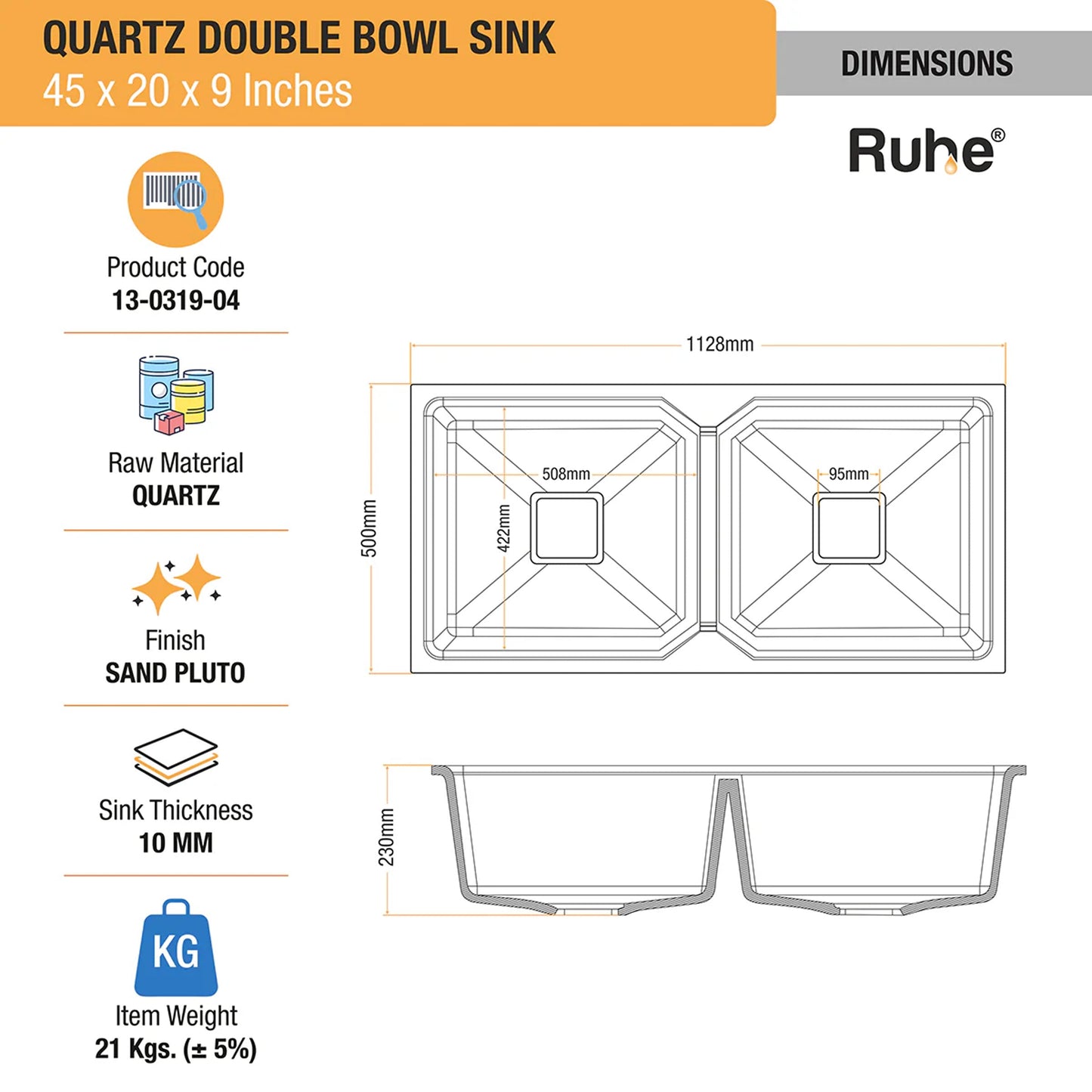 Quartz Double Bowl Kitchen Sink (45 x 20 x 9 inches)